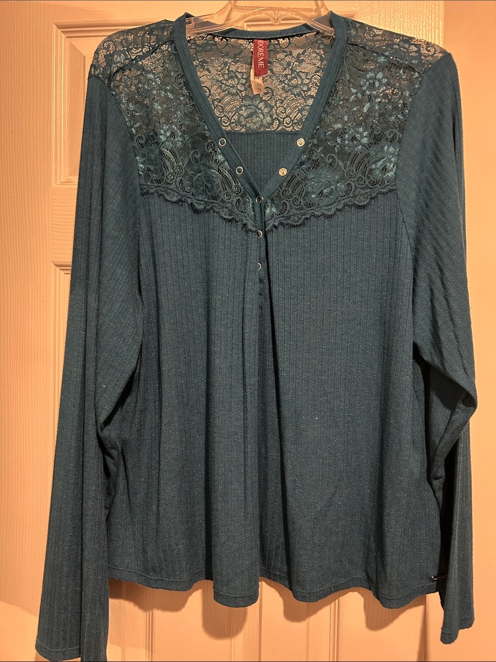 Adore Me Teal Lace-Yoke Ribbed Long Sleeve Top